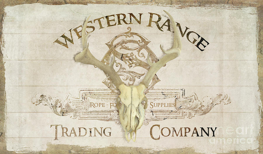 Western Range 3 Old West Deer Skull Wooden Sign Trading Company Painting by Audrey Jeanne Roberts