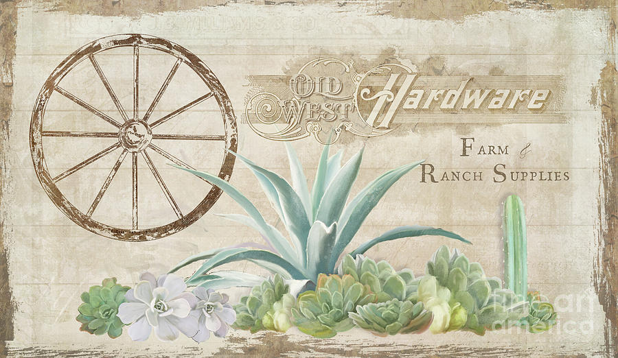Western Range 4 Old West Desert Cactus Farm Ranch  Wooden Sign Hardware Painting by Audrey Jeanne Roberts