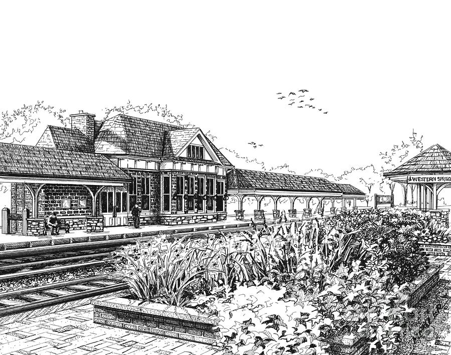 Western Springs Train Station Drawing by Mary Palmer
