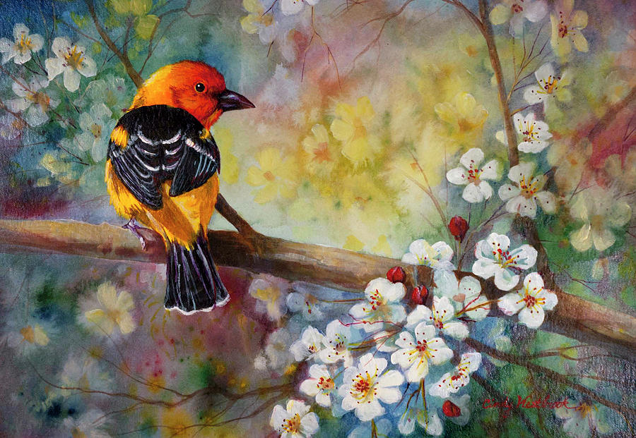 Western Tanager in Pear Painting by Cynthia Westbrook