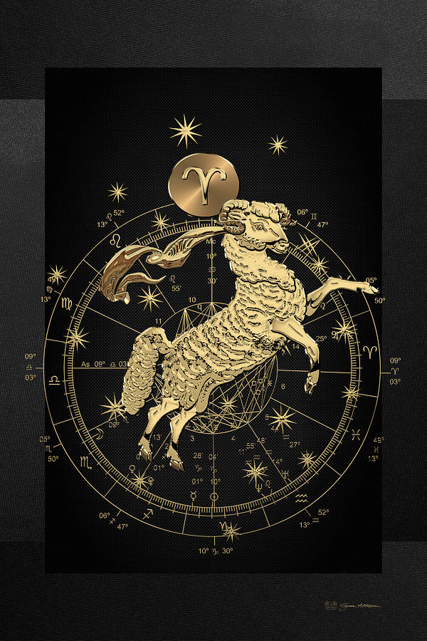 Western Zodiac - Golden Aries Ram on Black Canvas Digital Art by Serge Averbukh - Pixels