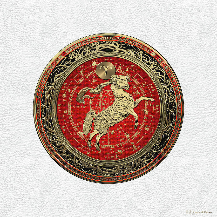 Western Zodiac - Golden Aries -The Ram on White Leather Digital Art by Serge Averbukh
