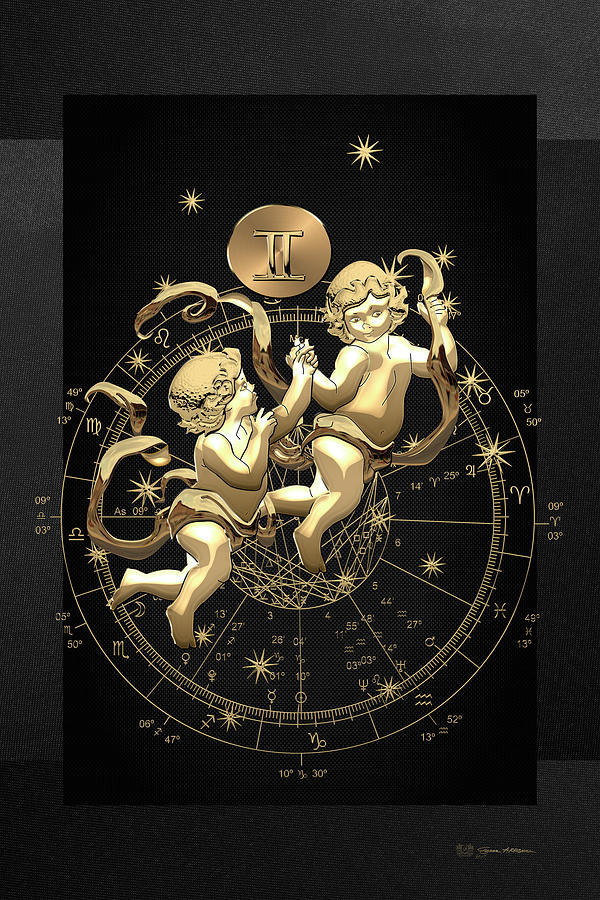 Western Zodiac - Golden Gemini - The Twins on Black Canvas Digital Art by Serge Averbukh