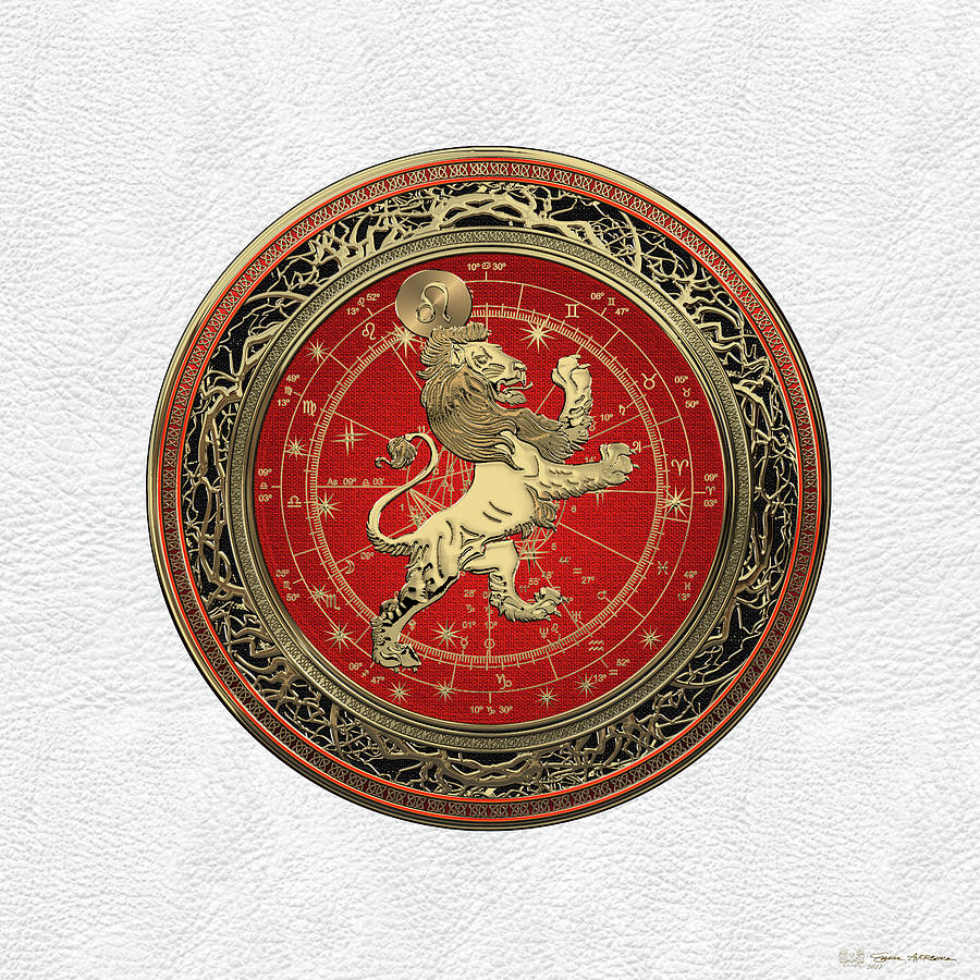 Zodiac Digital Art - Western Zodiac - Golden Leo - The Lion on White Leather by Serge Averbukh