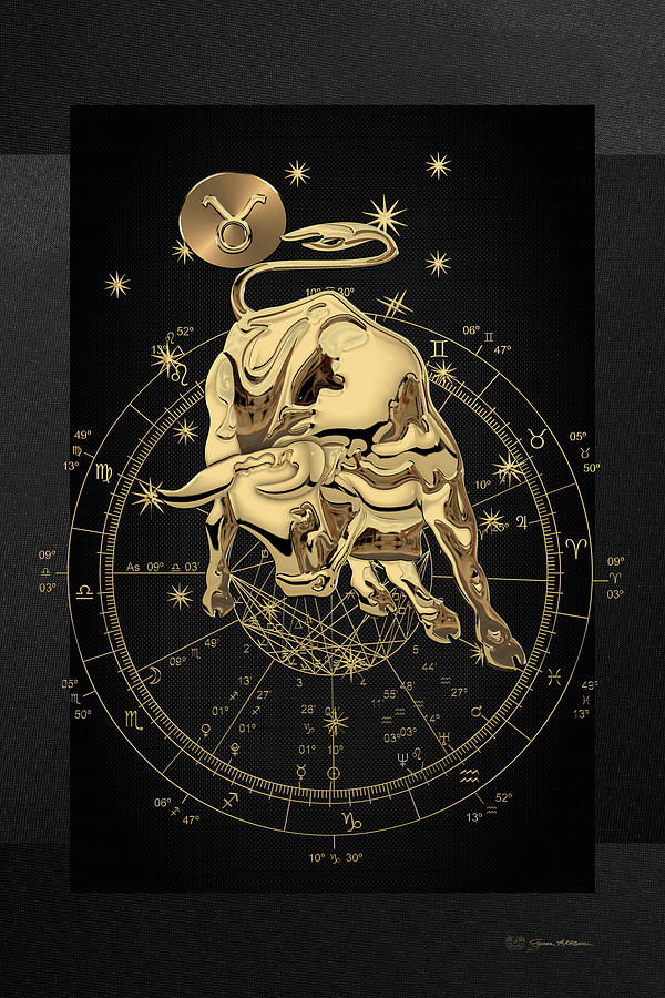 Zodiac Digital Art - Western Zodiac - Golden Taurus - The Bull on Black Canvas by Serge Averbukh