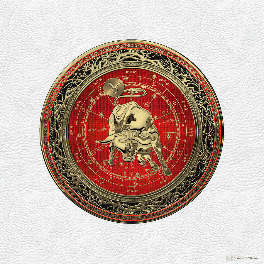 Western Zodiac - Golden Taurus - The Bull on White Leather Digital Art by Serge Averbukh