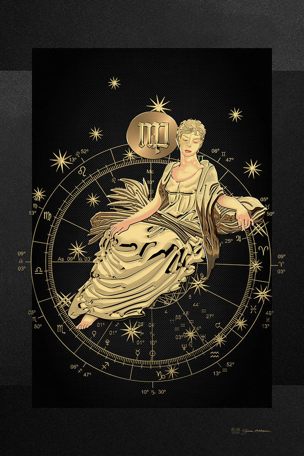 Western Zodiac - Golden Virgo - The Maiden on Black Canvas Digital Art by Serge Averbukh
