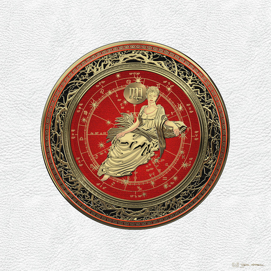 Zodiac Digital Art - Western Zodiac - Golden Virgo - The Maiden on White Leather by Serge Averbukh
