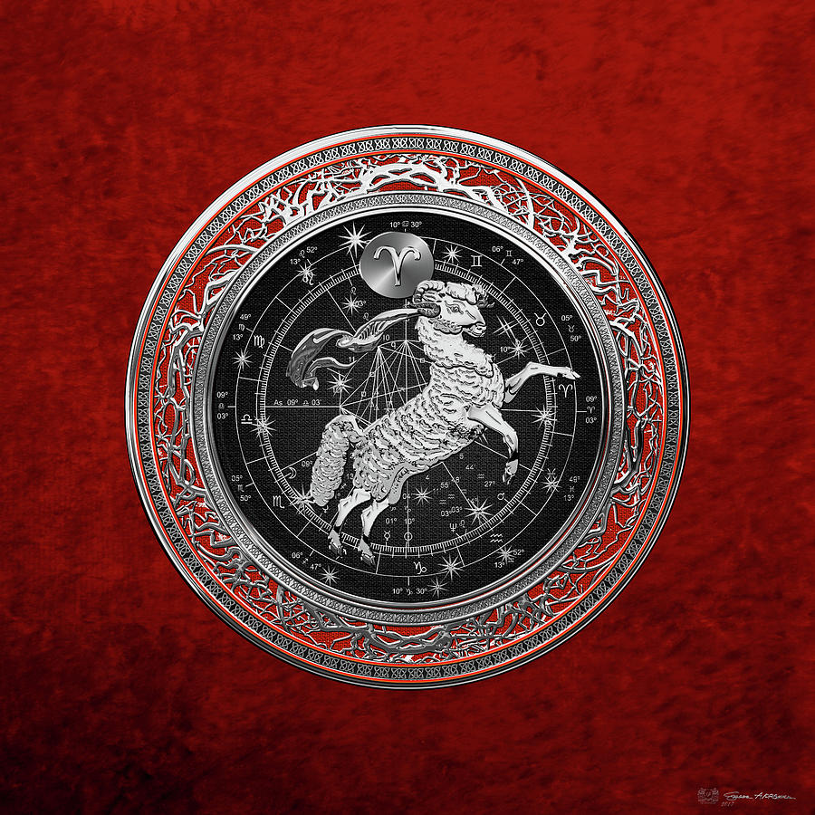 Western Zodiac - Silver Aries -The Ram on Red Velvet Digital Art by Serge Averbukh