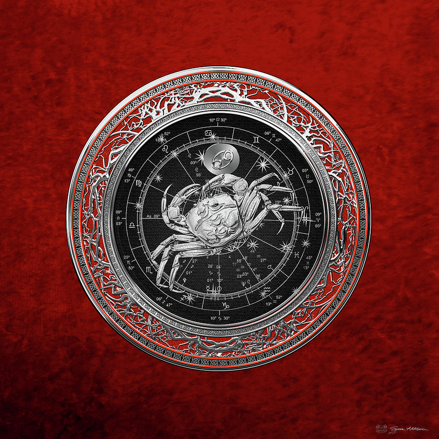 Western Zodiac - Silver Cancer - The Crab on Red Velvet Digital Art by Serge Averbukh