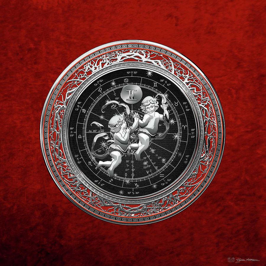 Western Zodiac - Silver Gemini - The Twins on Red Velvet Digital Art by Serge Averbukh