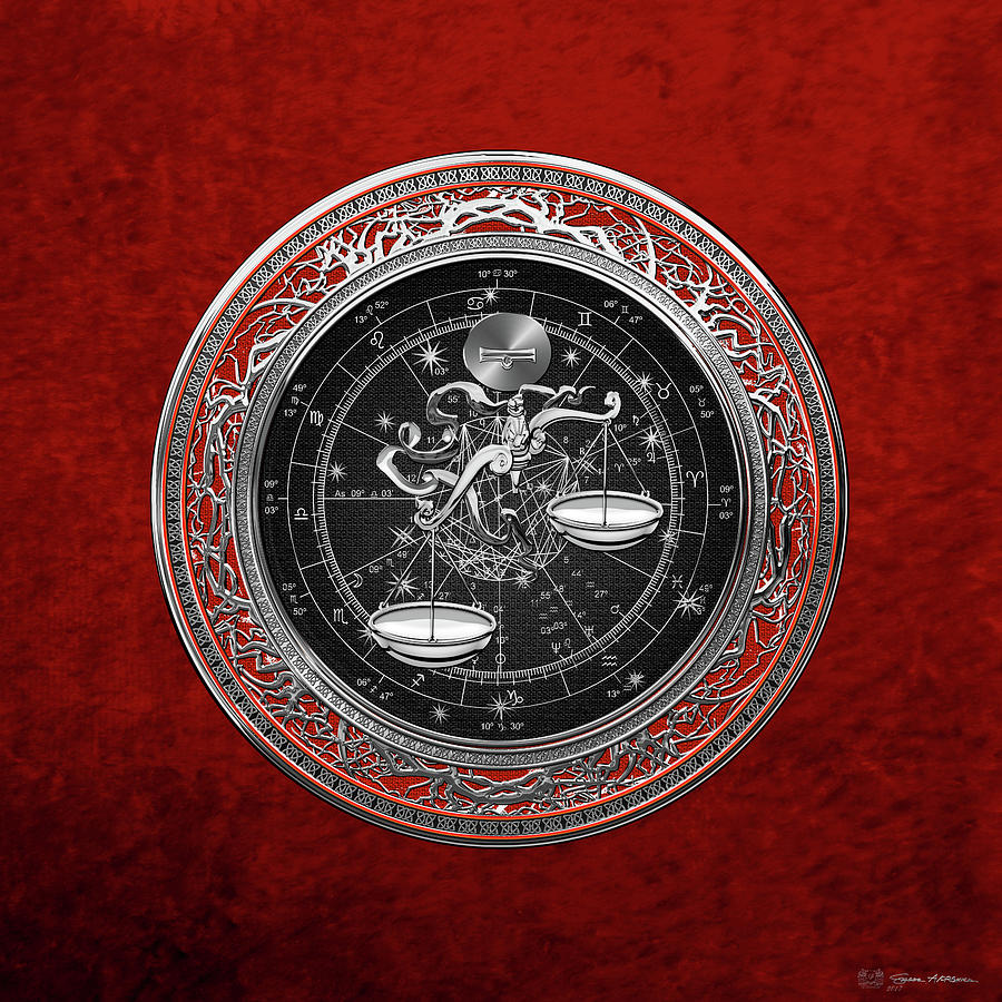 Western Zodiac - Silver Libra -The Scales on Red Velvet Digital Art by Serge Averbukh