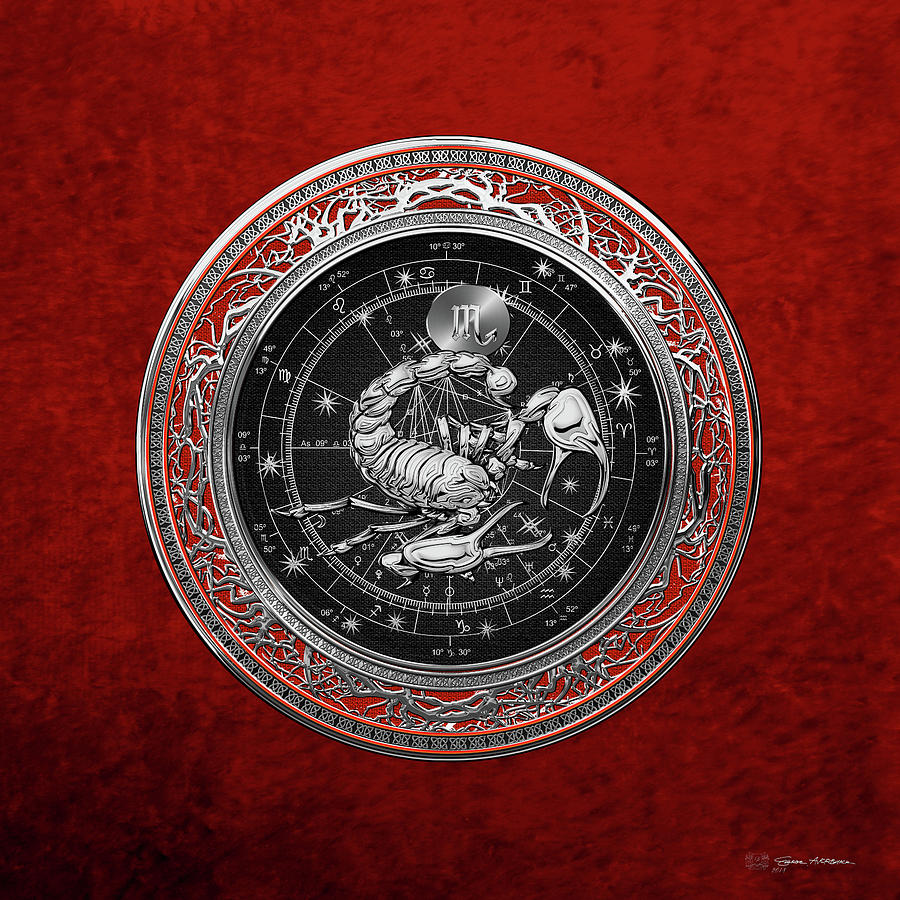 Western Zodiac - Silver Scorpio - The Scorpion on Red Velvet Digital Art by Serge Averbukh