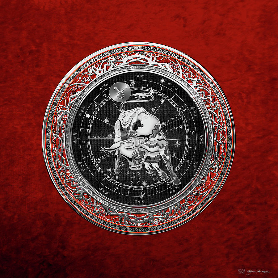 Western Zodiac - Silver Taurus - The Bull on Red Velvet Digital Art by Serge Averbukh