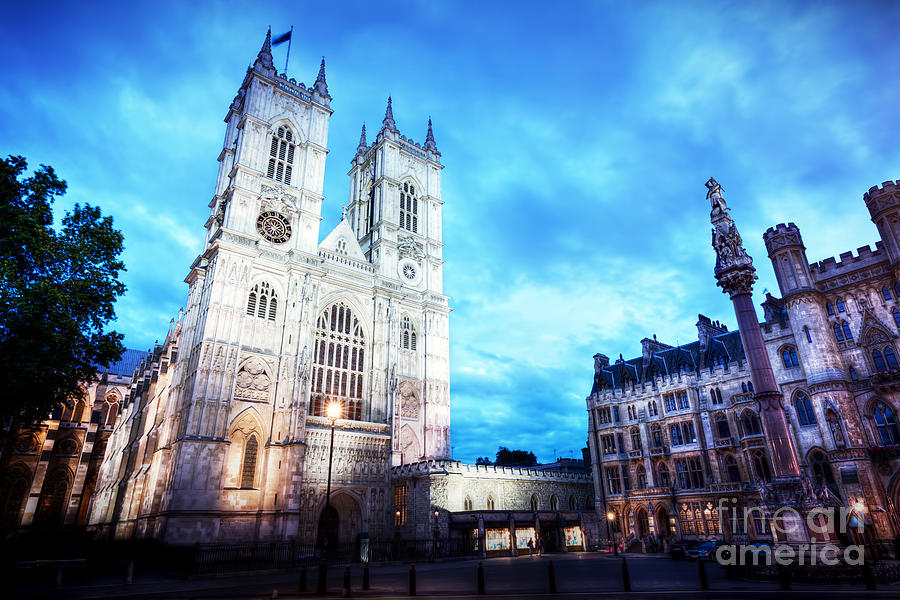 Westminster Abbey church facade at night, London UK. Photograph by Michal Bednarek