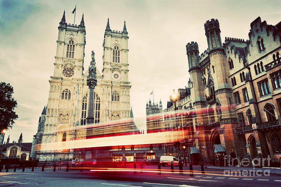 Westminster Abbey church, red bus moving in London UK. Vintage Photograph by Michal Bednarek