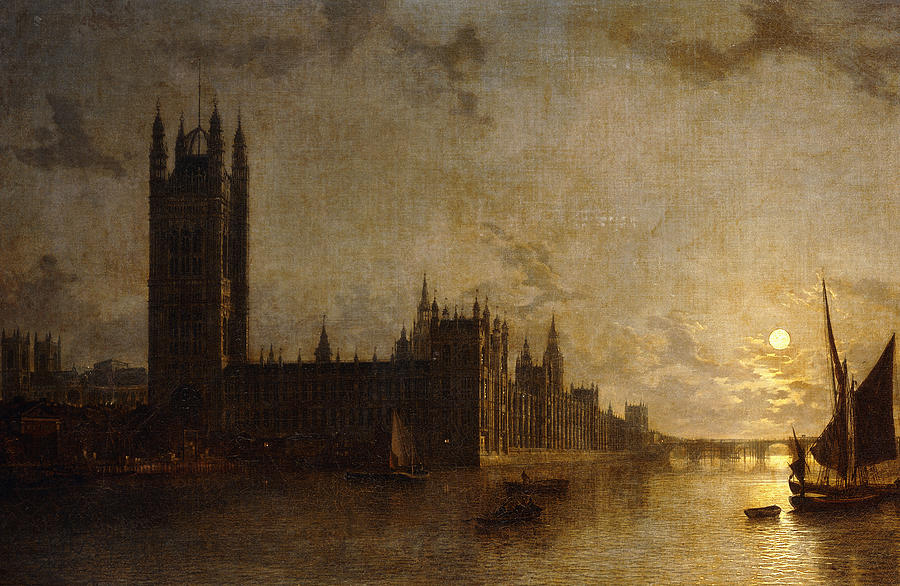 Westminster Abbey The Houses Of Parliament With The Construction Of Westminster Bridge Painting By Henry Pether