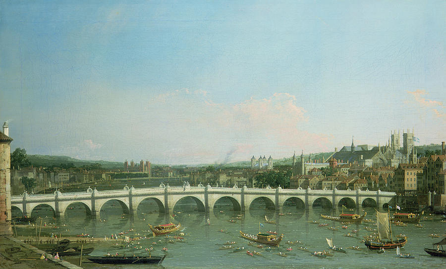 Westminster Bridge from the North with Lambeth Palace in distance Painting by Canaletto 