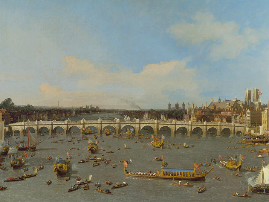 Westminster Bridge, with the Lord Mayors Procession on the Thames Painting by Canaletto