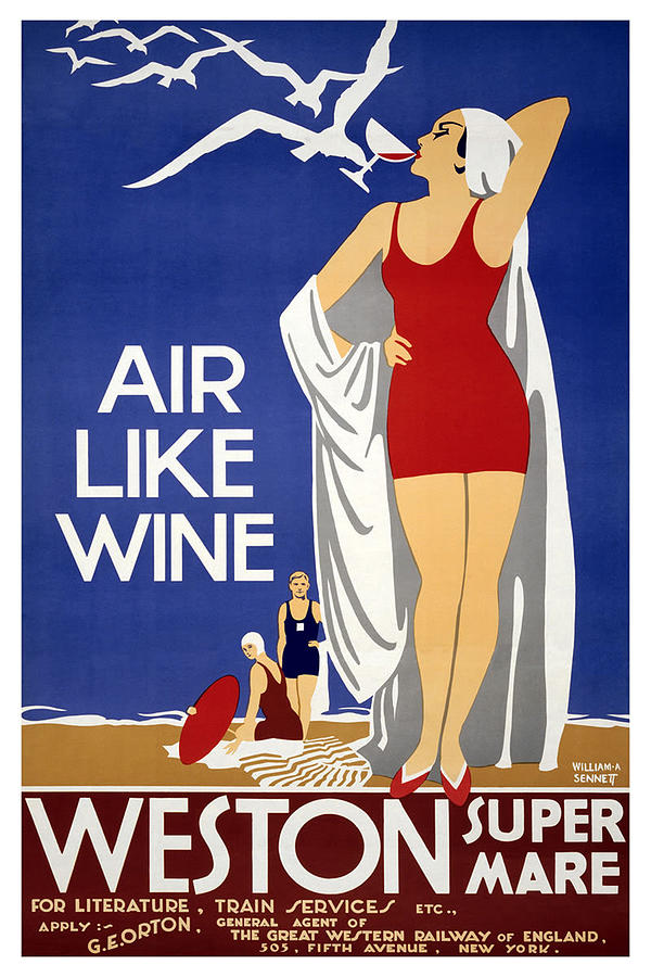 Weston, air like wine, beach girl drink, travel poster Painting by Long Shot