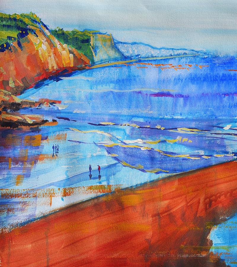 Wet sand at Sidmouth Devon seascape painting Painting by Mike Jory