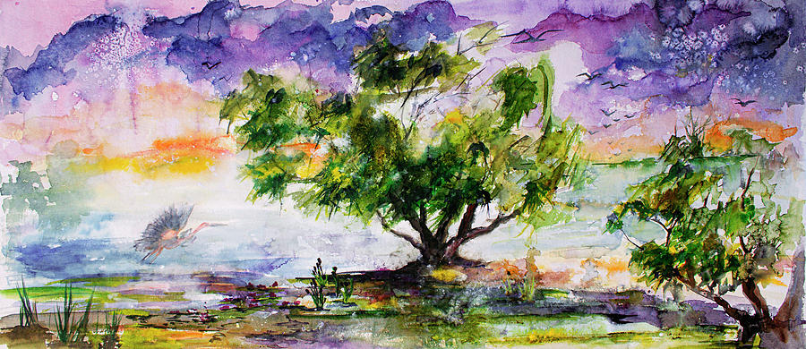 Wetland in the Mist Landscape with Trees and Birds Painting by Ginette Callaway