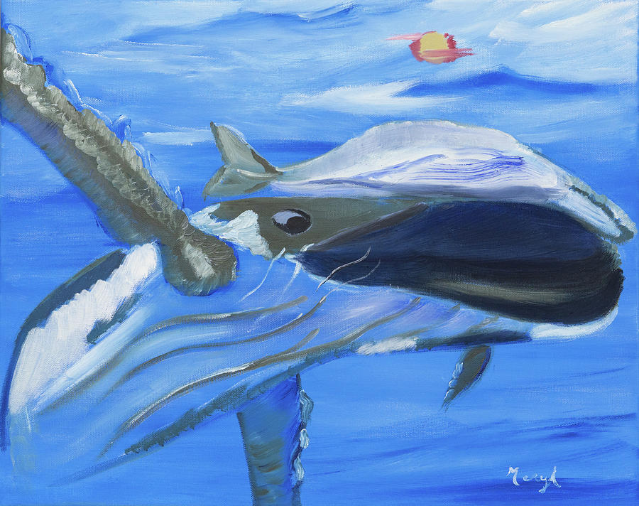 Whales Flying Through Water Painting by Meryl Goudey