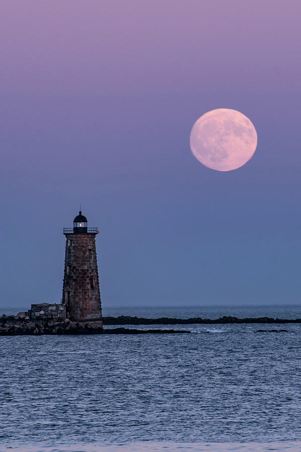 Whaleback Light with Moon Photograph by Hershey Art Images