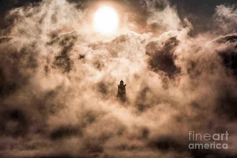 Whaleback Lighthouse Sea Smoke Closeup Photograph by Benjamin Williamson
