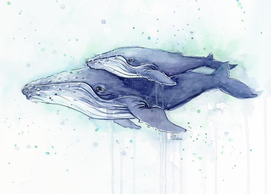 Whale Painting - Whales Humpback Watercolor Mom and Baby by Olga Shvartsur