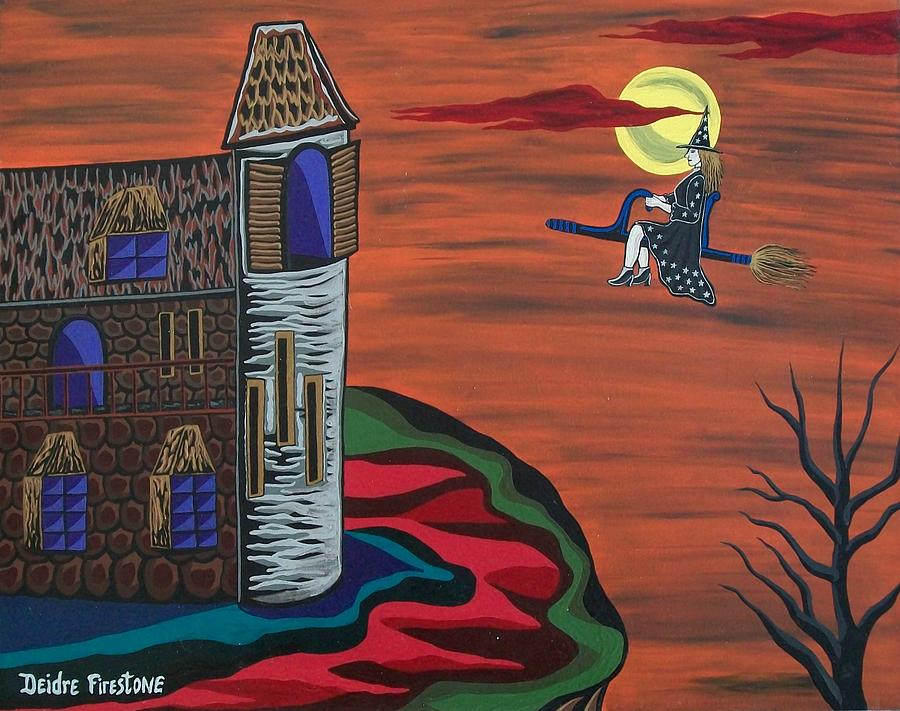 Witch On Broom Painting - What A Wonderful Night Out by Deidre Firestone Witch On Broom Painting - What A Wonderful Night Out by Deidre Firestone