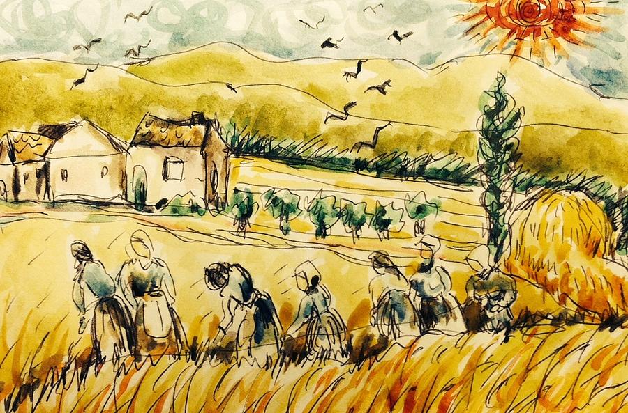 Wheat field with workers Painting by Hae Kim