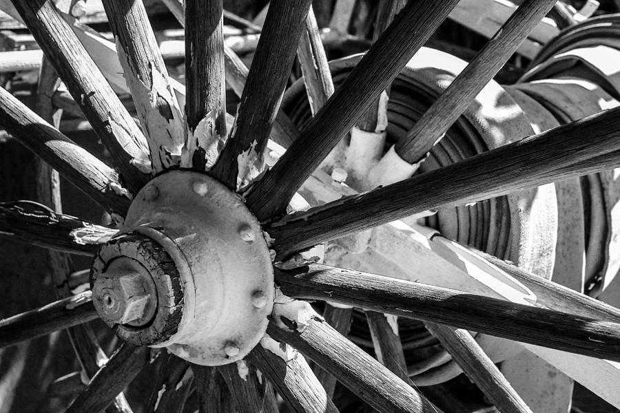 Wheels Abstract 1 Black and White Photograph by Bonnie Follett