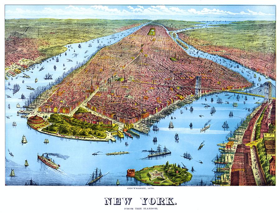 When New York was flat, vintage map, 1879 Drawing by Vincent Monozlay