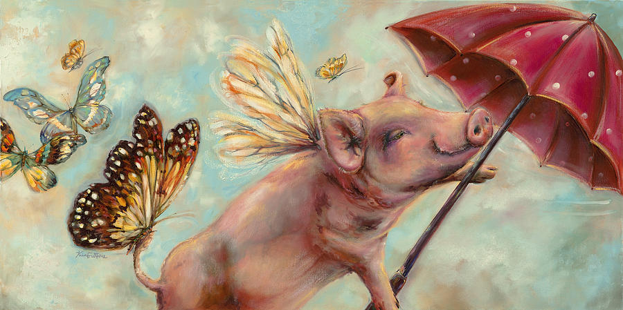 Farm Animals Painting - When Pigs Fly- Animal Print by Kim Guthrie