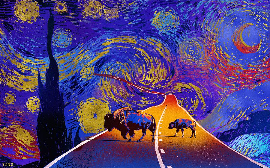Starry Night Mixed Media - Where the Space Buffalo Roam by Surj LA