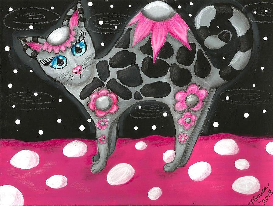 Whimsical Black Pink Floral Kitty Cat Painting by Monica Resinger Whimsical Black Pink Floral Kitty Cat Painting by Monica Resinger