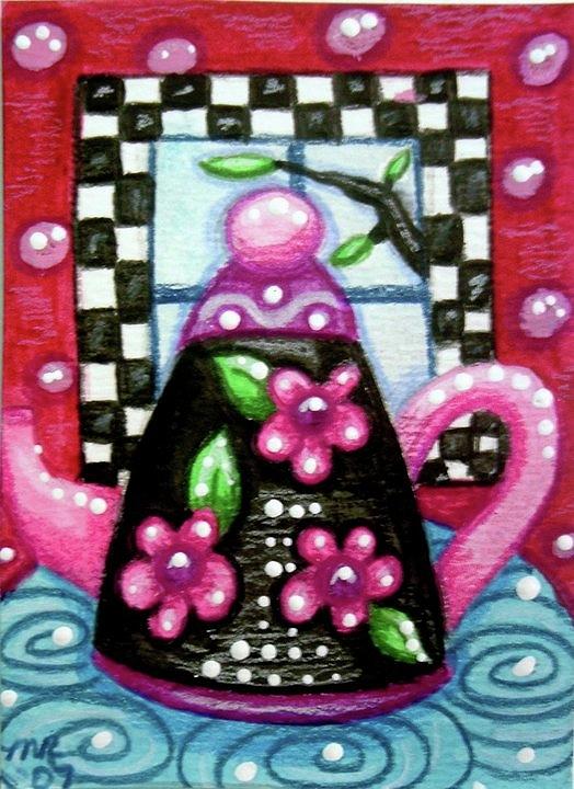 Whimsical black Teapot with Pink Flowers Painting by Monica Resinger
