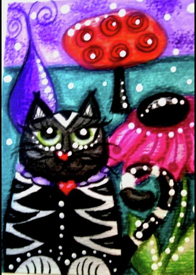 Whimsical Black White Kitty Cat Painting by Monica Resinger