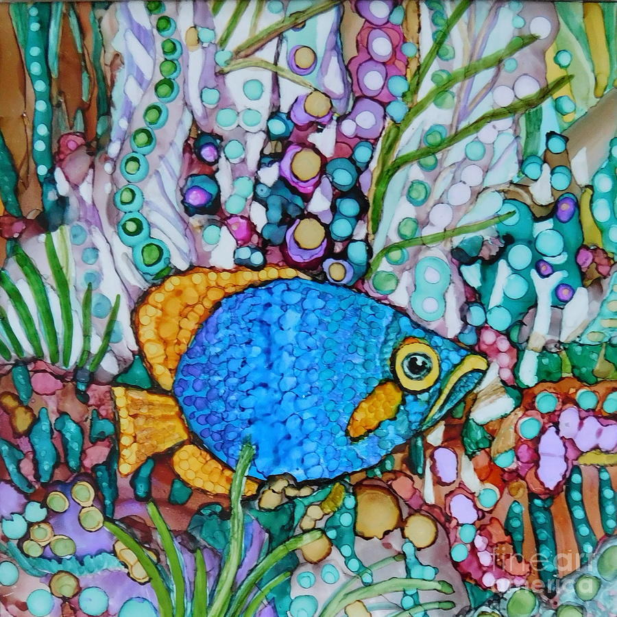 Whimsical Blue and Gold Fish  Painting by Joan Clear
