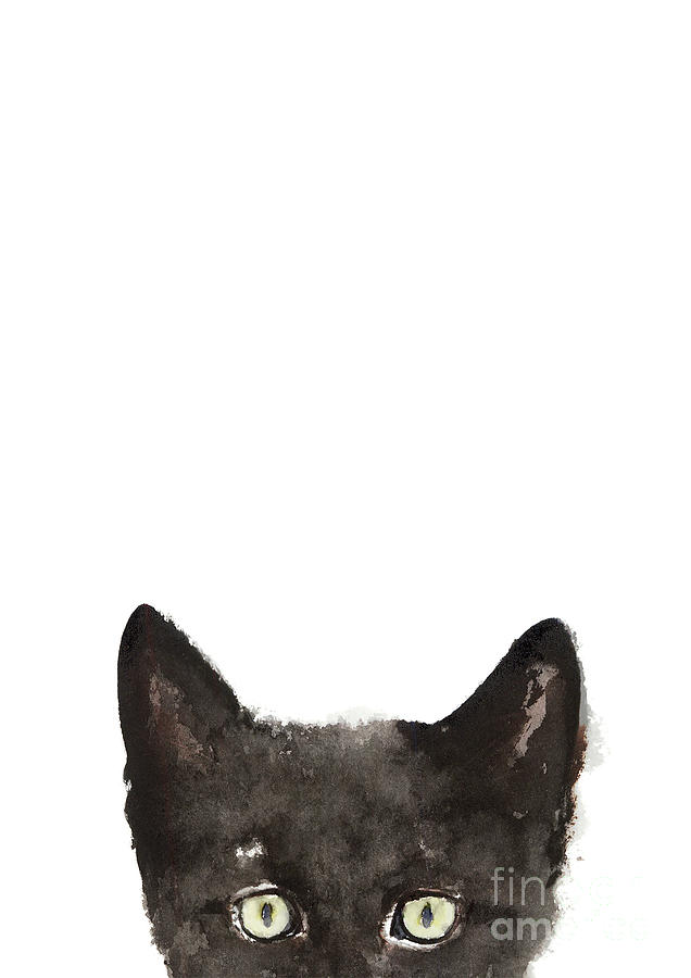 Watercolor Painting - Whimsical Cat Poster, Funny Animal Black Cat Drawing, Peeking Cat Art Print, Animals Painting by Joanna Szmerdt