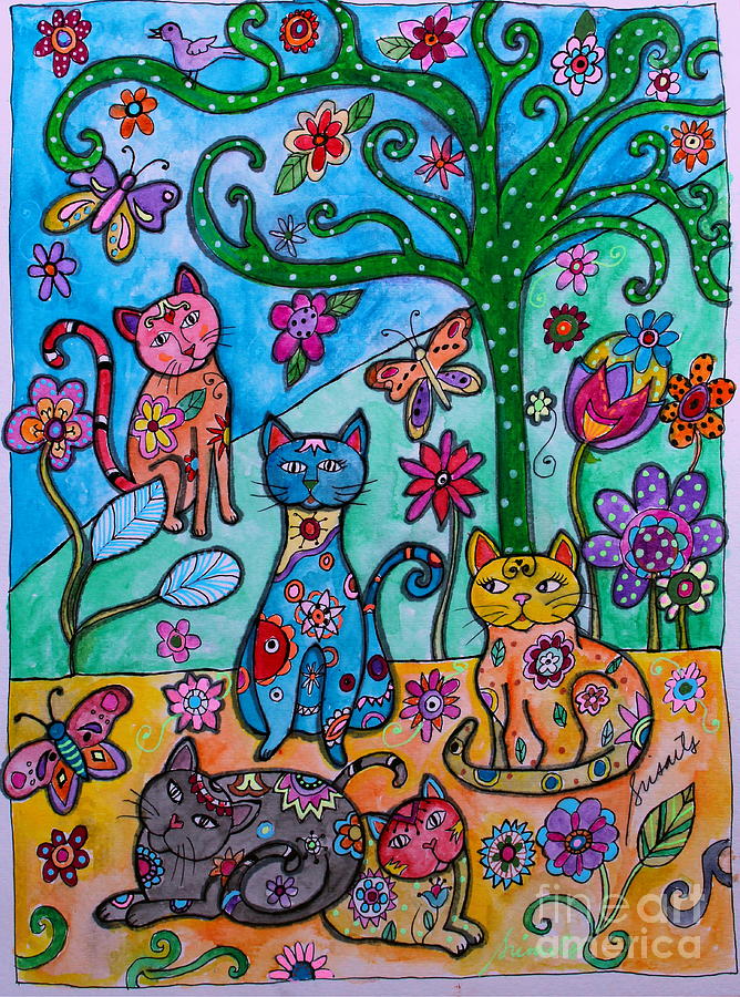 Cat Painting - Whimsical Cats by Pristine Cartera Turkus