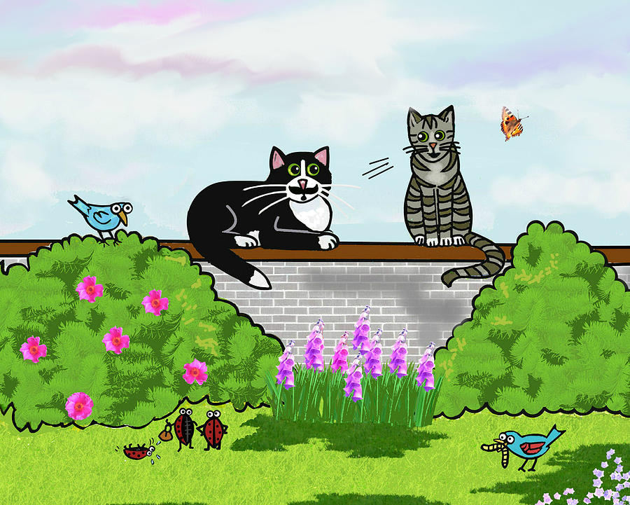 Whimsical Cats Sitting on a Wall in a Sunny Garden Painting by Frances  Gillotti - Pixels