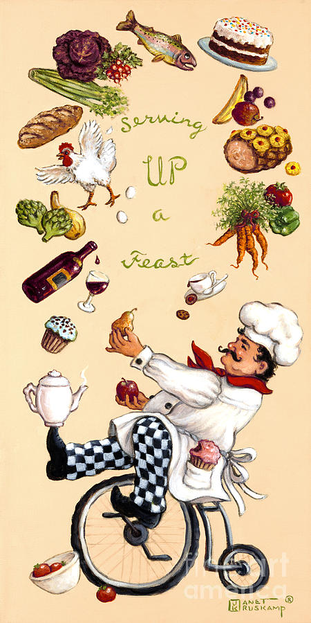 Cheese Painting - whimsical Chef SERVING UP A FEAST by Janet Kruskamp