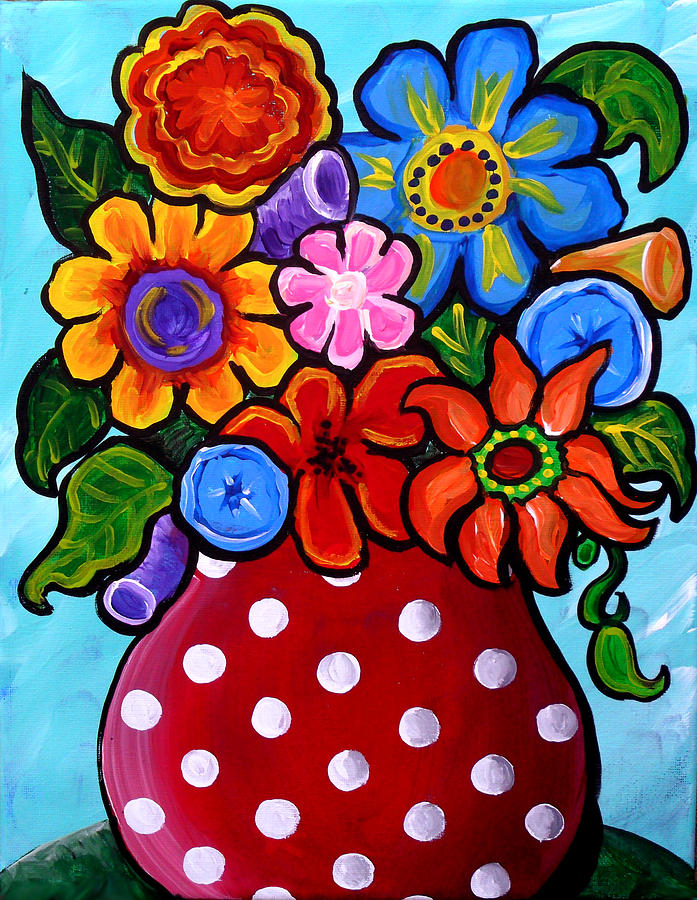 Flower Painting - Whimsical Flowers In Polka Dots by Renie Britenbucher
