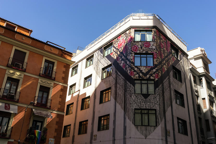 Whimsical Madrid - a Building Draped in Traditional Spanish Mantilla Photograph by Georgia Mizuleva