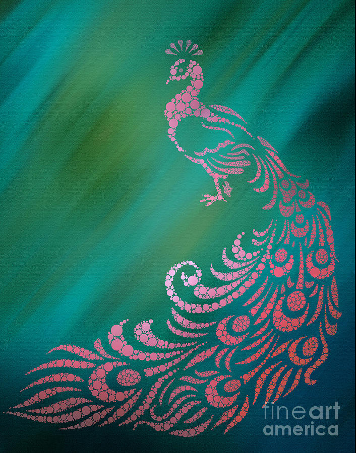 Whimsical Pink Peacock Against Teal Background Digital Art by PIPA Fine Art - Simply Solid