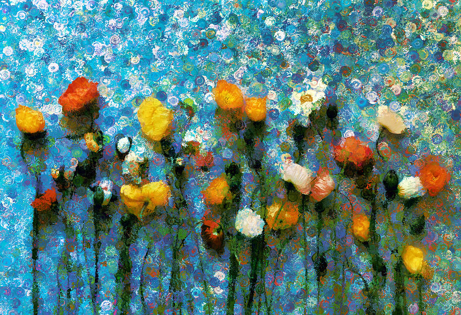 Whimsical Poppies On The Blue Wall Mixed Media by Georgiana Romanovna