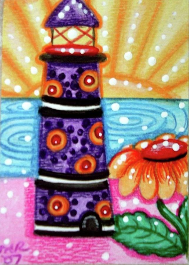 Whimsical Purple Lighthouse Painting by Monica Resinger