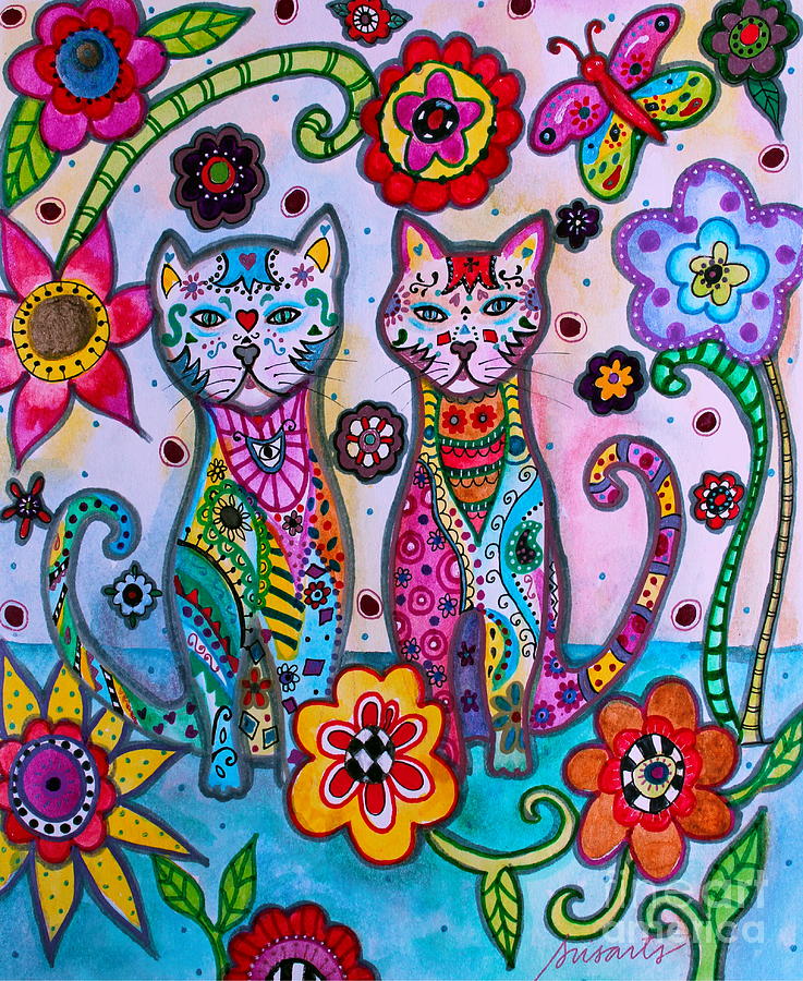 Cat Painting - Whimsical Talavera Cats by Pristine Cartera Turkus